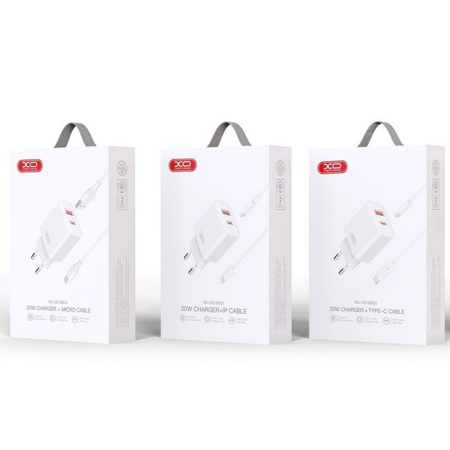 Set incarcator pentru Samsung, Oppo, Realme, Xiaomi, Honor Fast Charge pentru priza XO L64 20W plus cablu USB type-C - type-C, 1 x USB QC3.0,  1 x PD USB-C, alb