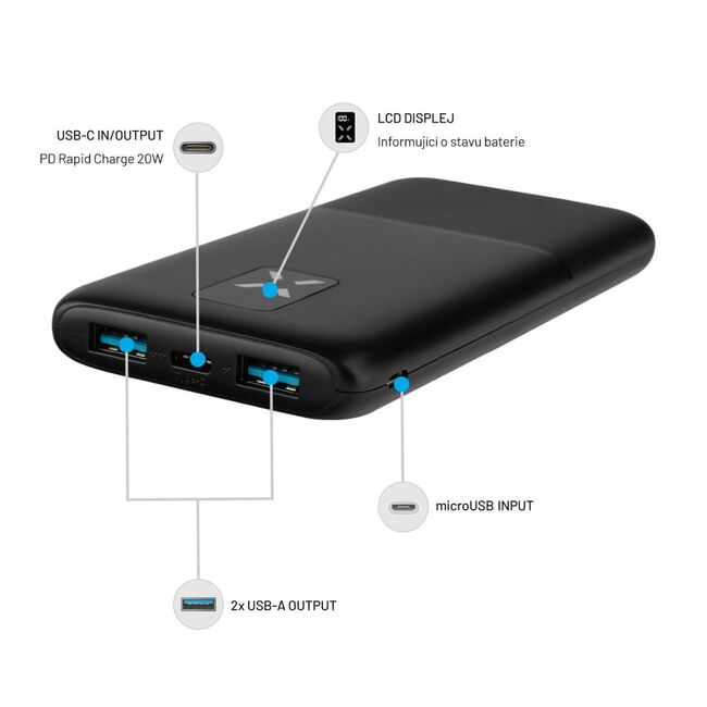 Baterie externa Powerbank 2x USB, Type-C, 20W, 10000 mAh, LCD Display, Fixed, alb, FIXZEN-10-WH, negru
