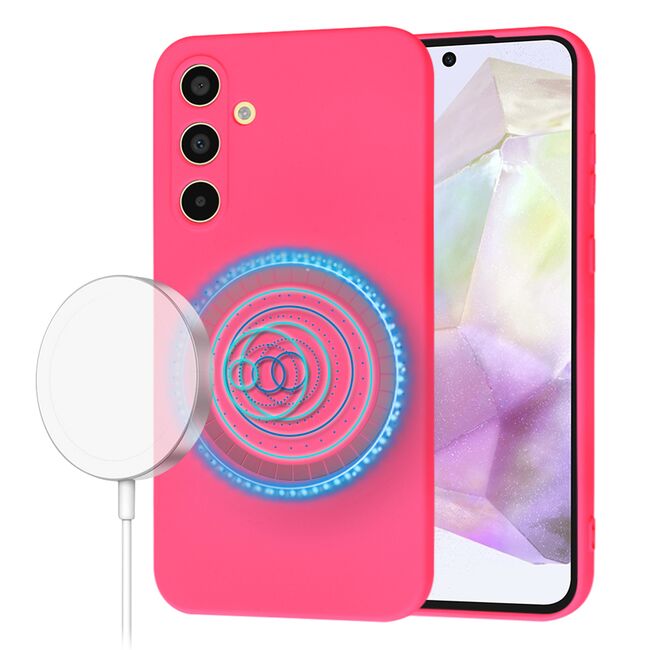 Husa pentru  Samsung Galaxy A35 Liquid Silicone cu MagSafe, subțire, captusita cu microfibra, anti amprentă, protectie cameră foto, Fucsia