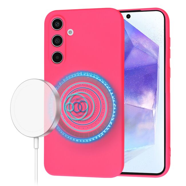 Husa pentru  Samsung Galaxy A55 Liquid Silicone cu MagSafe, subțire, captusita cu microfibra, anti amprentă, protectie cameră foto, Fucsia