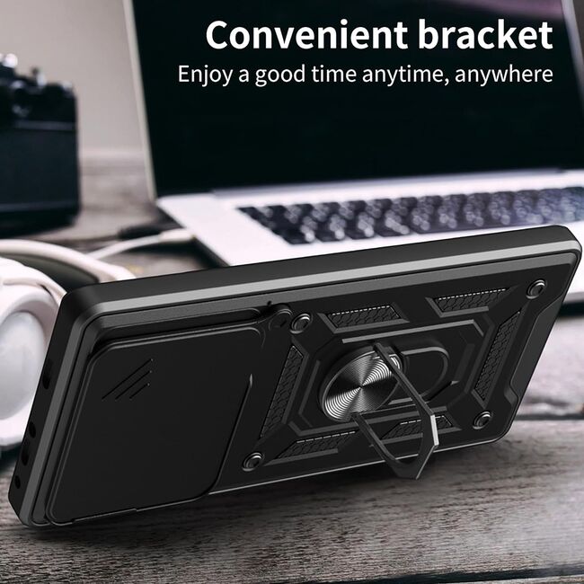 Husa pentru  Xiaomi Redmi Note 14 5G Ring Armor Kickstand Tough Rugged Cover cu protectie camera, Negru