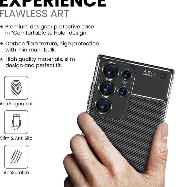 Husa de protectie pentru  Samsung Galaxy S25 Ultra Auto Focus Slim, Anti-Scratch, cu fibra de carbon si protectie lentile - Negru Denim