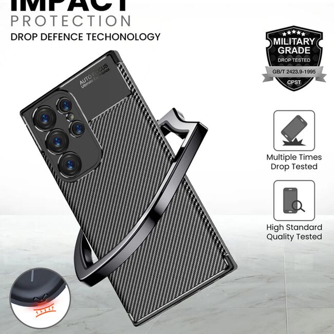 Husa de protectie pentru  Samsung Galaxy S25 Ultra Auto Focus Slim, Anti-Scratch, cu fibra de carbon si protectie lentile - Negru Denim