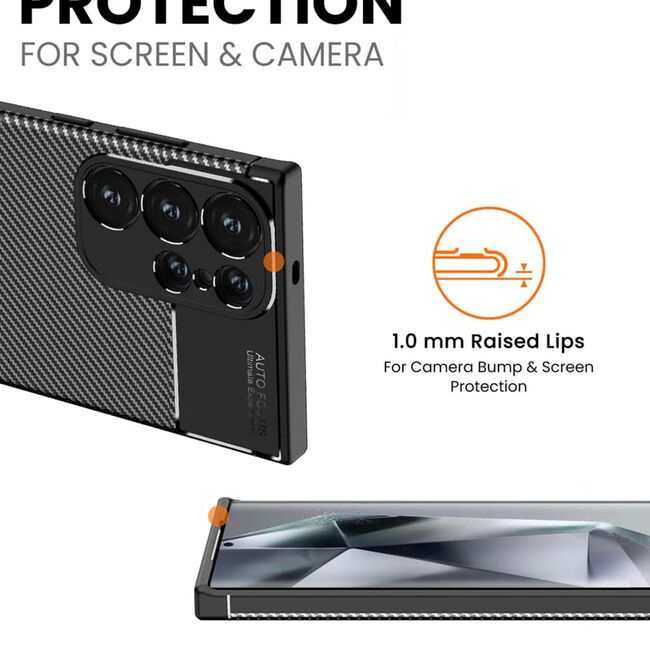 Husa de protectie pentru  Samsung Galaxy S25 Ultra Auto Focus Slim, Anti-Scratch, cu fibra de carbon si protectie lentile - Negru Denim