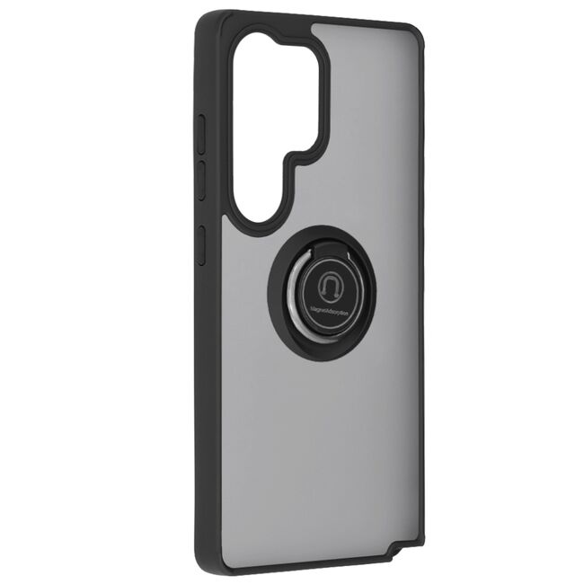 Husa de protectie pentru  Samsung Galaxy S25 Ultra premium cu inel stand rotativ, suport magnetic si bumper anti-alunecare - Negru mat