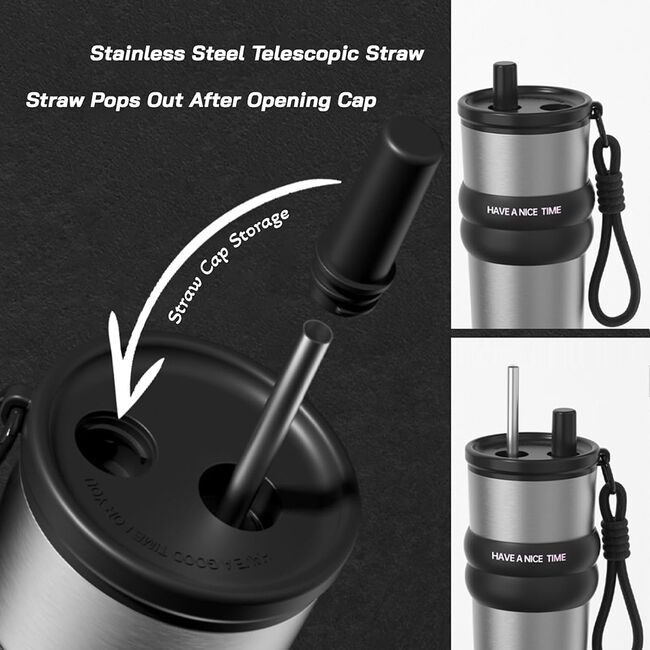Termos, cana termoizolantă, multifunctional, cu pai, din oțel inoxidabil 316, capacitate 710ml, negru