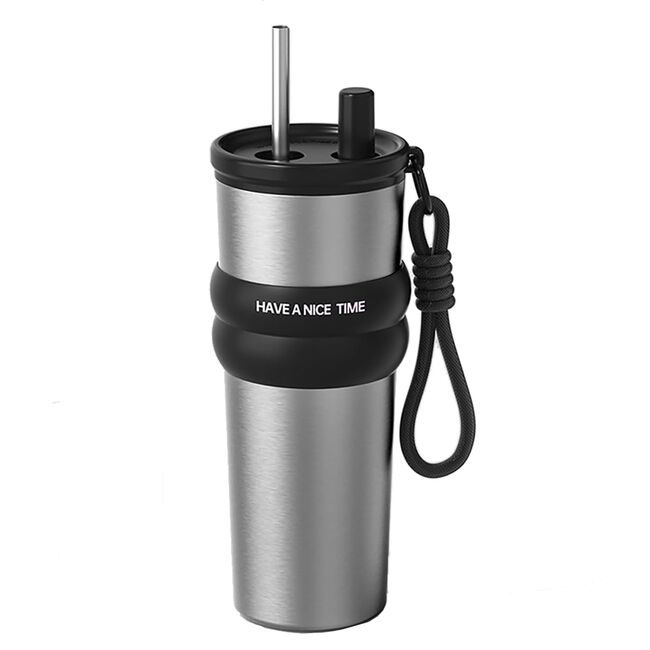 Termos, cana termoizolantă, multifunctional, cu pai metalic, din oțel inoxidabil 316, capacitate 710ml, argintiu