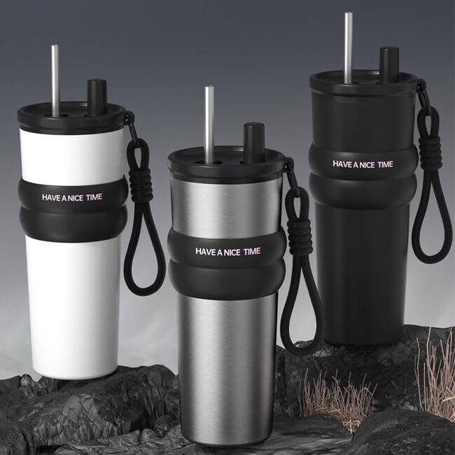 Termos, cana termoizolantă, multifunctional, cu pai metalic, din oțel inoxidabil 316, capacitate 710ml, argintiu