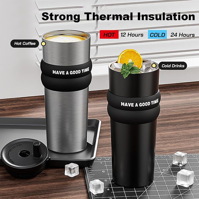 Termos, cana termoizolantă, multifunctional, cu pai metalic, din oțel inoxidabil 316, capacitate 710ml, argintiu