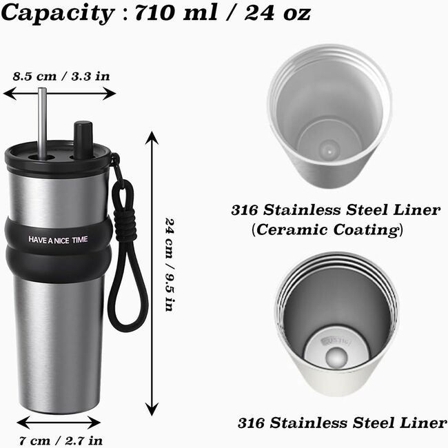 Termos, cana termoizolantă, multifunctional, cu pai metalic, din oțel inoxidabil 316, capacitate 710ml, argintiu