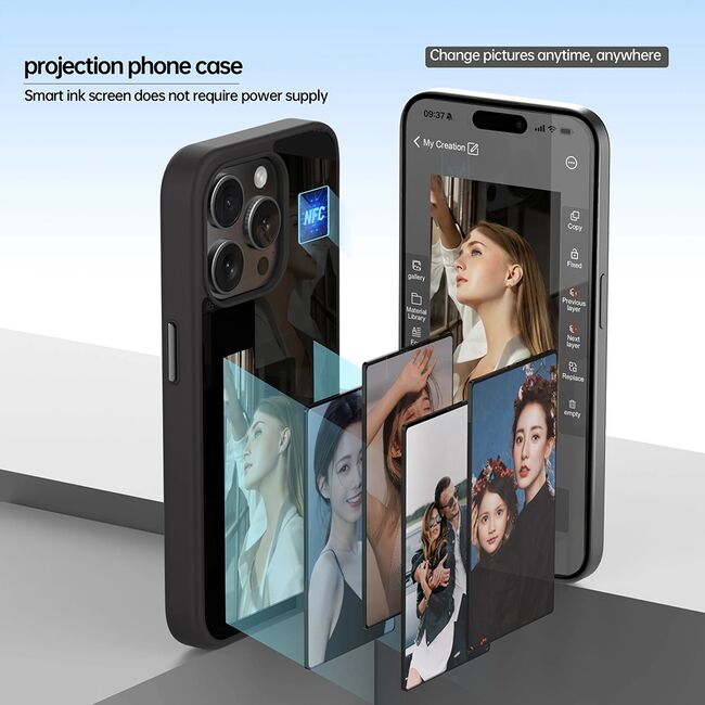 Husa pentru  iPhone 16 Pro DIY customizabil cu ecran E-ink, NFC Photo Display, negru