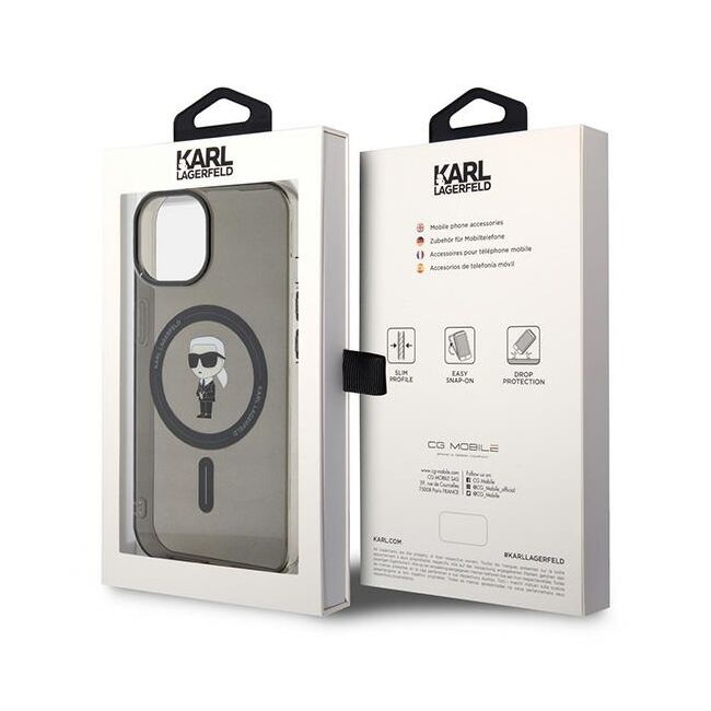 Husa premium pentru  iPhone 15 Karl Lagerfeld compatibila Magsafe - Negru print