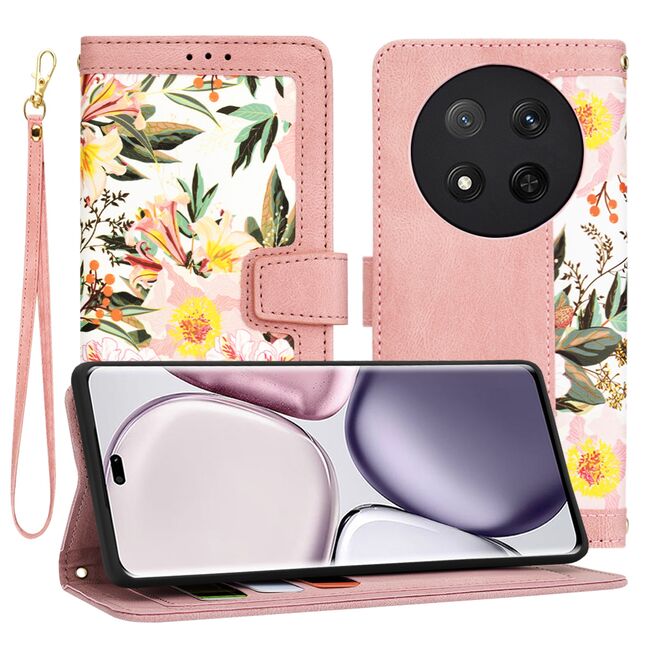Husa tip carte pentru  Honor Magic 7 Lite, functie stand si port carduri, Roz