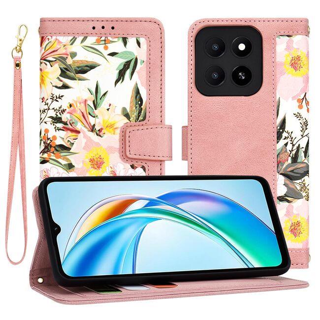 Husa tip carte pentru  Honor X5B, functie stand si port carduri, Roz