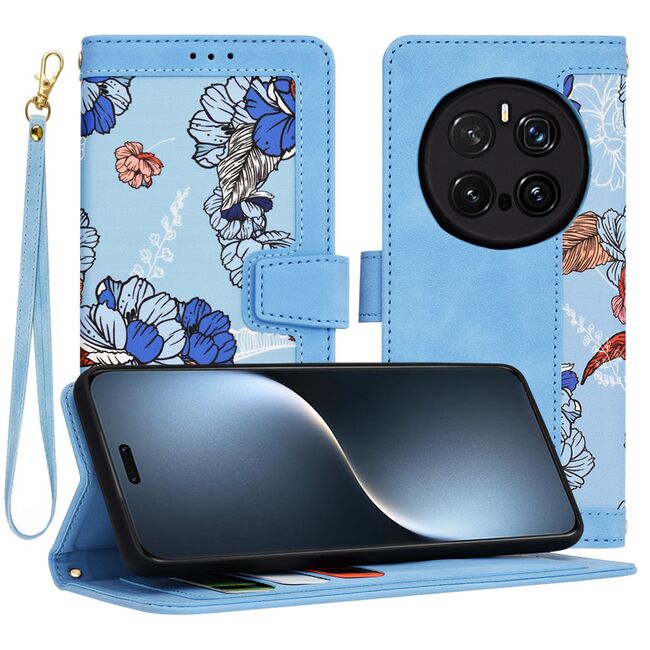 Husa tip carte pentru Honor Magic 7 Pro, functie stand si port carduri, Albastru