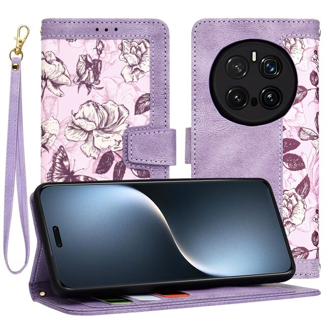 Husa tip carte pentru Honor Magic 7 Pro, functie stand si port carduri, Mov