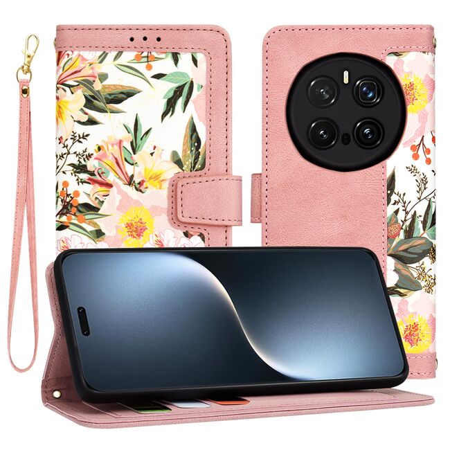 Husa tip carte pentru Honor Magic 7 Pro, functie stand si port carduri, Roz