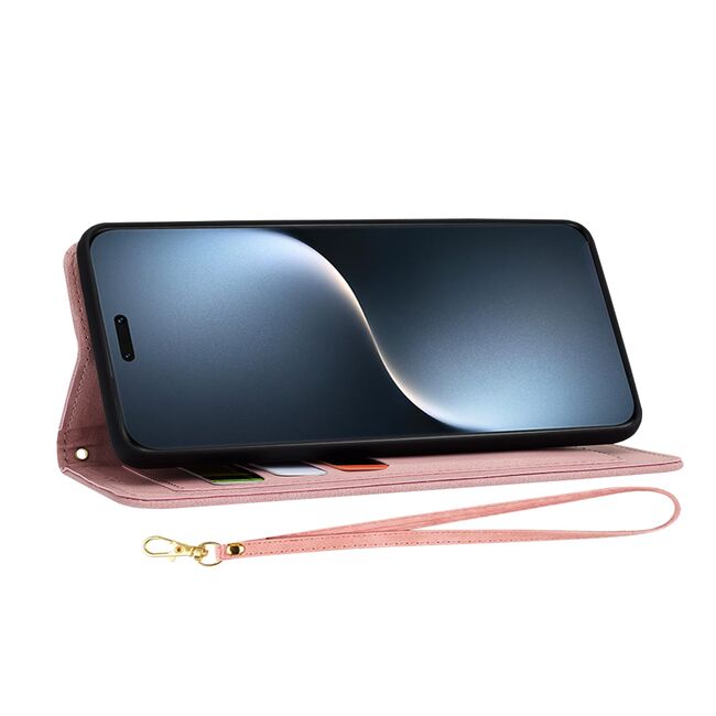 Husa tip carte pentru Honor Magic 7 Pro, functie stand si port carduri, Roz