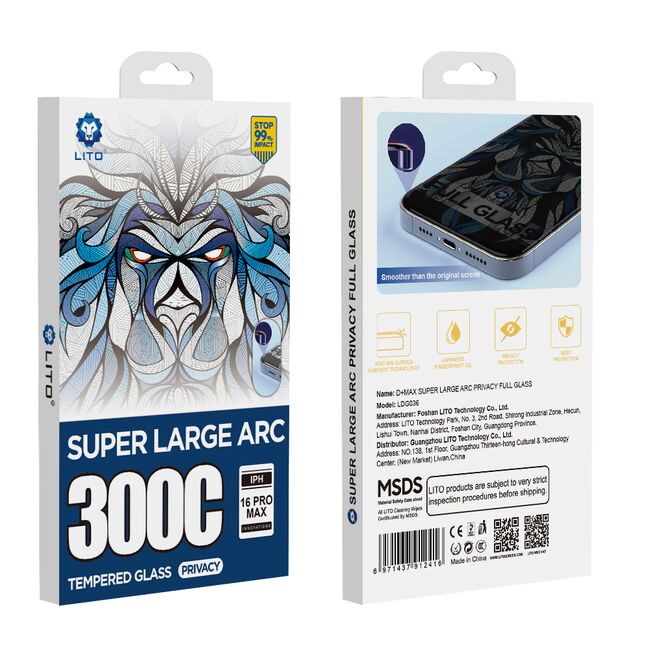 Folie sticla iPhone 16 Pro Lito D+ Max Privacy 300C, negru