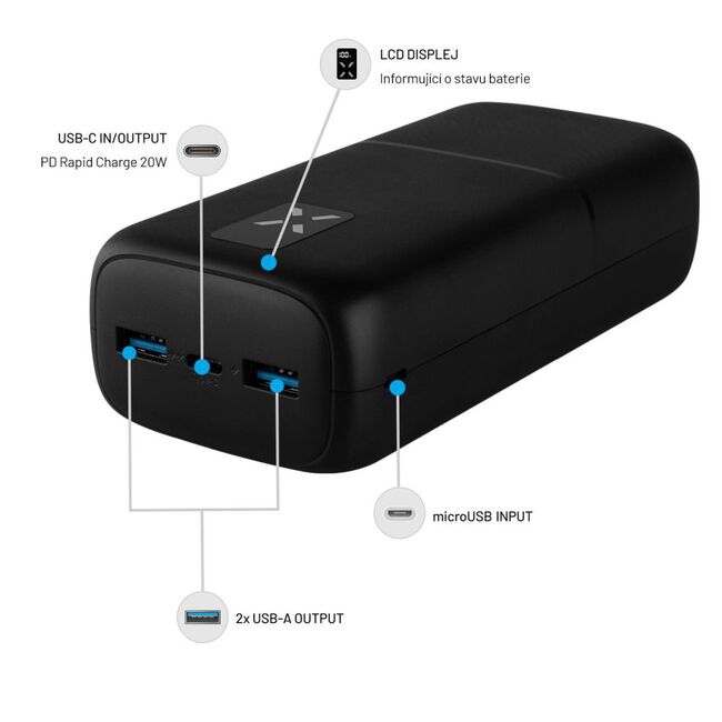 Baterie externa 2x USB, Type-C, 20W, 30000 mAh, LCD Display Fixed Power Bank Zen, FIXZEN-30-BK