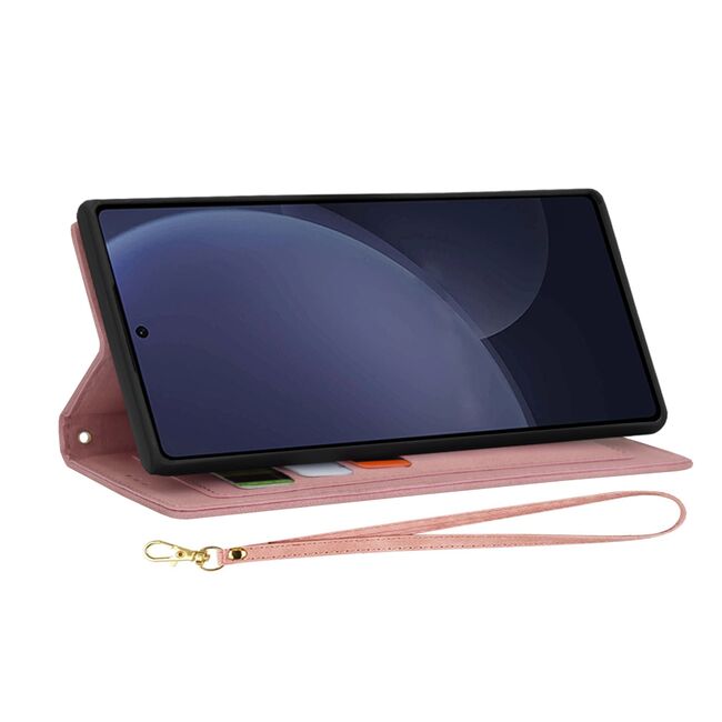 Husa tip carte pentru  Samsung Galaxy S25 Ultra, functie stand si port carduri, Roz