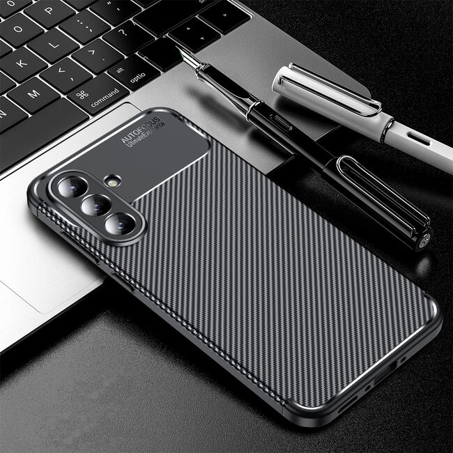 Husa de protectie pentru  Samsung Galaxy A56 Auto Focus Slim, Anti-Scratch, cu fibra de carbon si protectie lentile - Negru denim