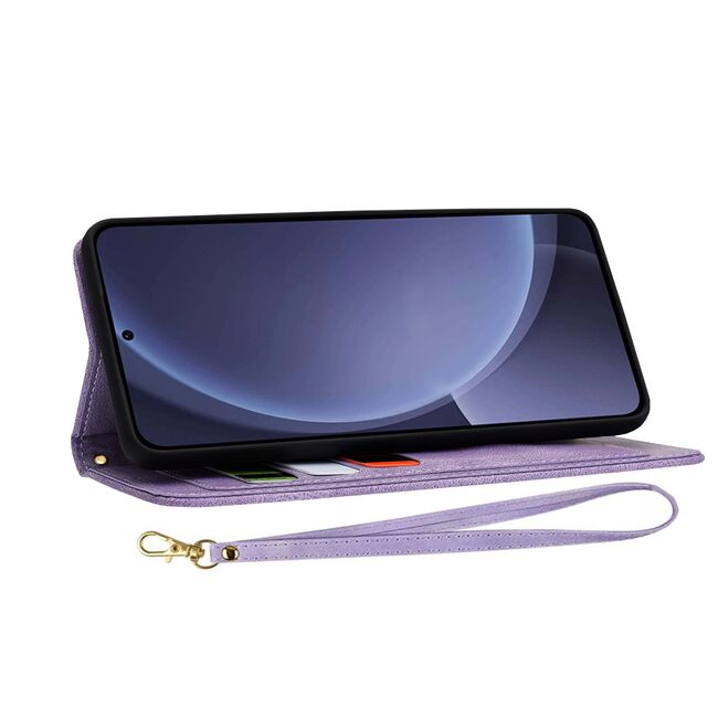 Husa tip carte pentru  Samsung Galaxy S25+, functie stand si port carduri, Mov