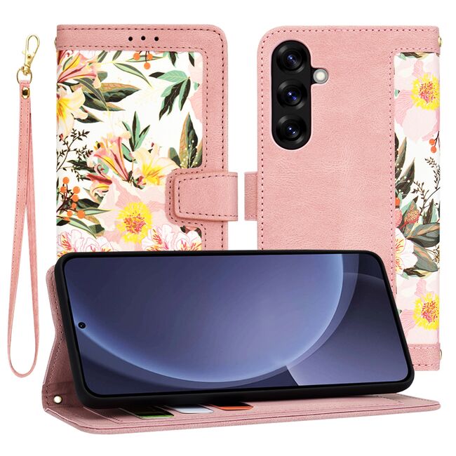 Husa tip carte pentru  Samsung Galaxy S25+, functie stand si port carduri, Roz