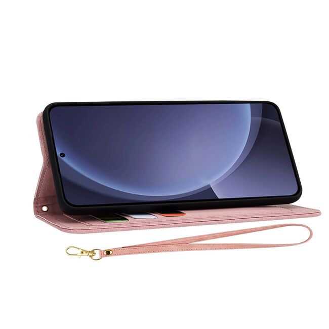 Husa tip carte pentru  Samsung Galaxy S25+, functie stand si port carduri, Roz