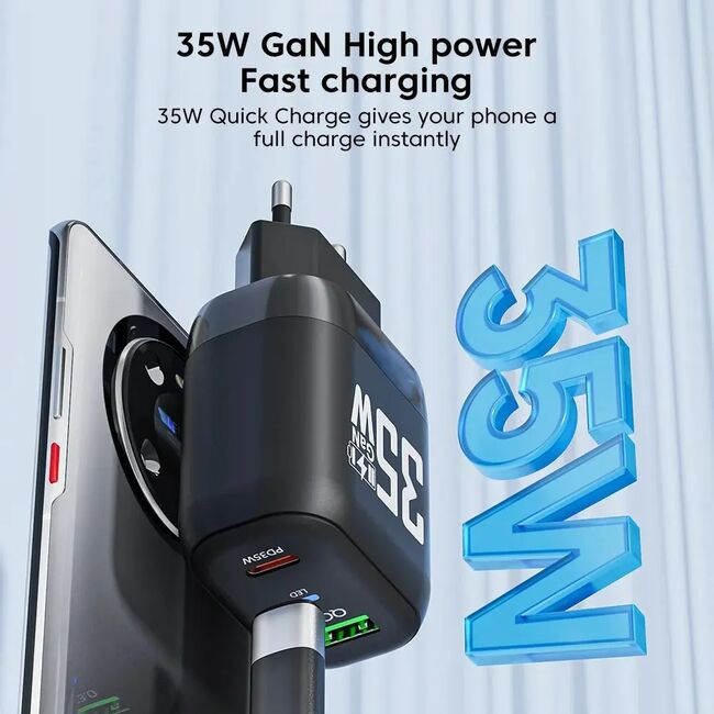 Încărcător de priza GaN, 1 x USB QC3.0, 1 x USB Type-C PD 35W, Quick Charge, Indicator LED, Compact și Universal - negru
