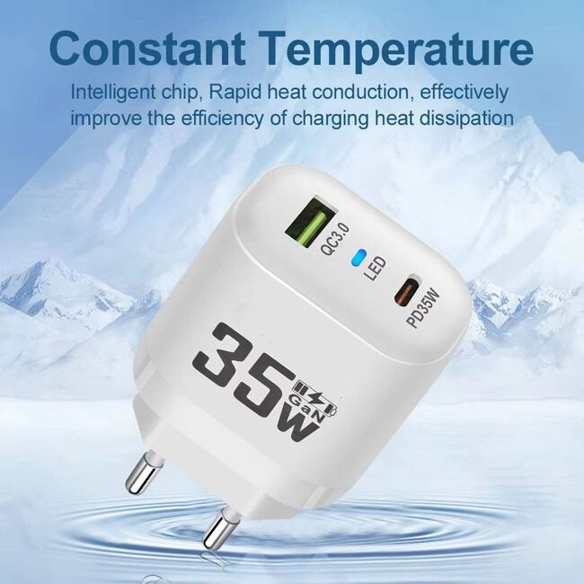 Încărcător de priza GaN, 1 x USB QC3.0, 1 x USB Type-C PD 35W, Quick Charge, Indicator LED, Compact și Universal - negru