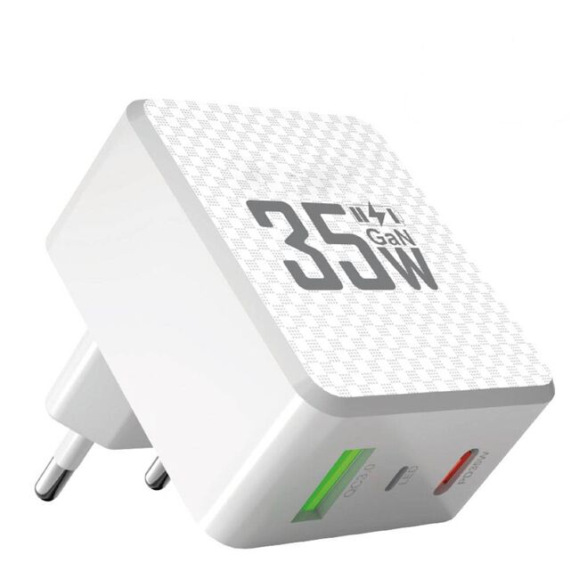 Încărcător rapid premium pentru priza 35W, Tehnologie GaN, 1 x USB Type-C & 1 x USB 3.0 Quick Charge, Fast Charging, Indicator LED, Compatibil Universal – Putere și Eleganță la Superlativ - alb