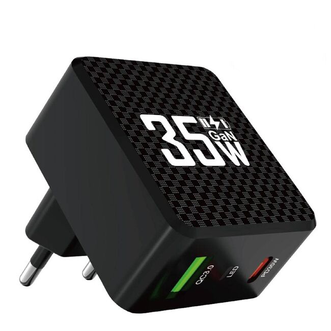 Încărcător rapid premium pentru priza 35W, Tehnologie GaN, 1 x USB Type-C & 1 x USB 3.0 Quick Charge, Fast Charging, Indicator LED, Compatibil Universal – Putere și Eleganță la Superlativ - negru