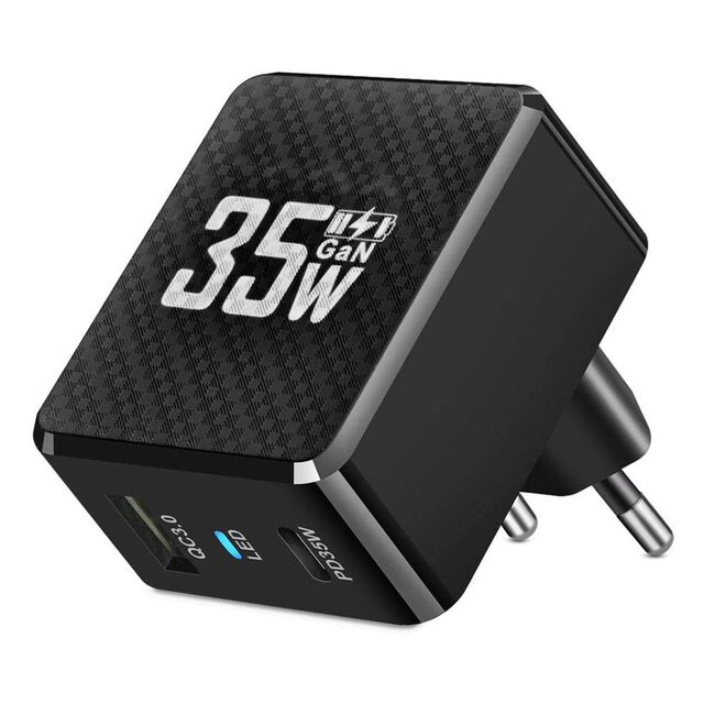 Încărcător rapid premium pentru priza 35W, Tehnologie GaN, 1 x USB Type-C & 1 x USB 3.0 Quick Charge, Fast Charging, Indicator LED, Compatibil Universal – Putere și Eleganță la Superlativ - negru