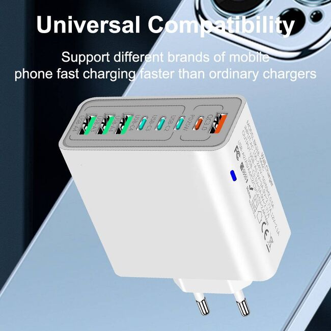 Încărcător Multifuncțional de priza 4 x USB, 4 X Type-C, Fast Charging, 65W, Fast Charging, Protecție Avansată, Compatibil Universal alb