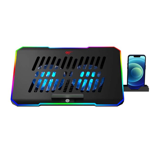 Cooler laptop ajustabil Havit, 10-16", RGB, 2xUSB, 1000 - 2000rpm, cu suport pentru telefon, negru, F2069