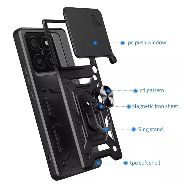Husa pentru  Xiaomi 15 Ring Armor Kickstand Tough Rugged Cover cu protectie camera, Negru