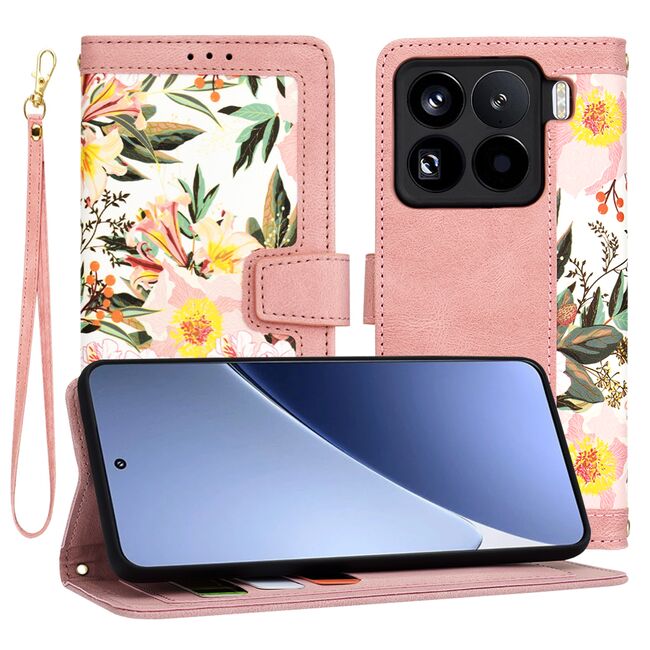 Husa tip carte pentru  Xiaomi 15 Pro, functie stand si port carduri, Roz
