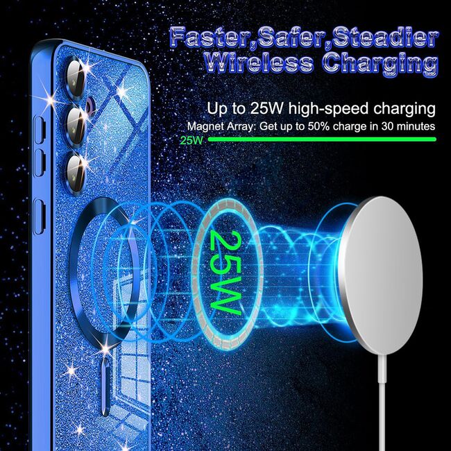 Husa pentru Samsung Galaxy A16 cu MagSafe Sparkle Glare Detachable Layer, cu protectie lentile - albastru deschis