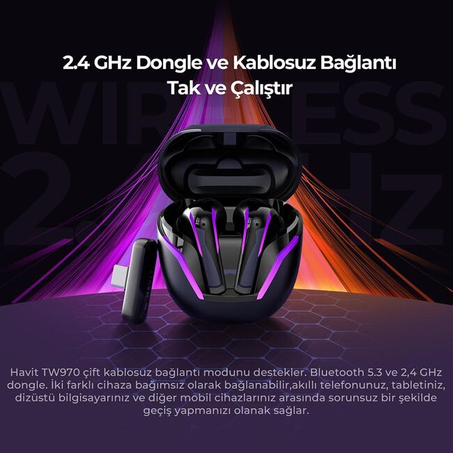 Casti gaming wireless, Bluetooth 5.3, RGB Havit TW970, negru