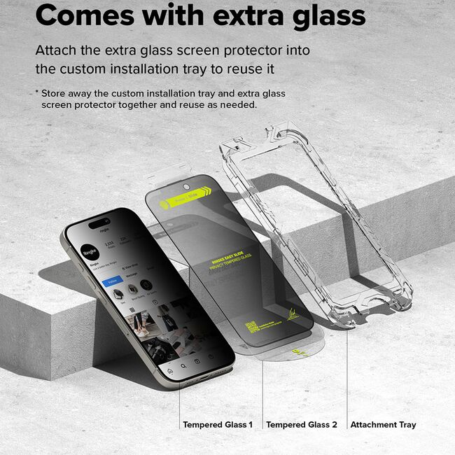 [Pachet 2x] Folie sticla iPhone 16 Pro Ringke Easy Slide Tempered Glass, privacy