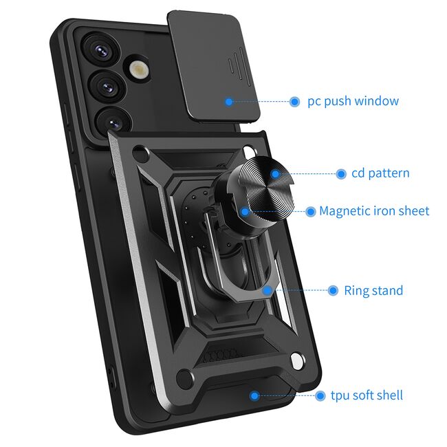 Husa pentru  Samsung Galaxy S25 Ring Armor Kickstand Tough Rugged Cover cu protectie camera, Albastru