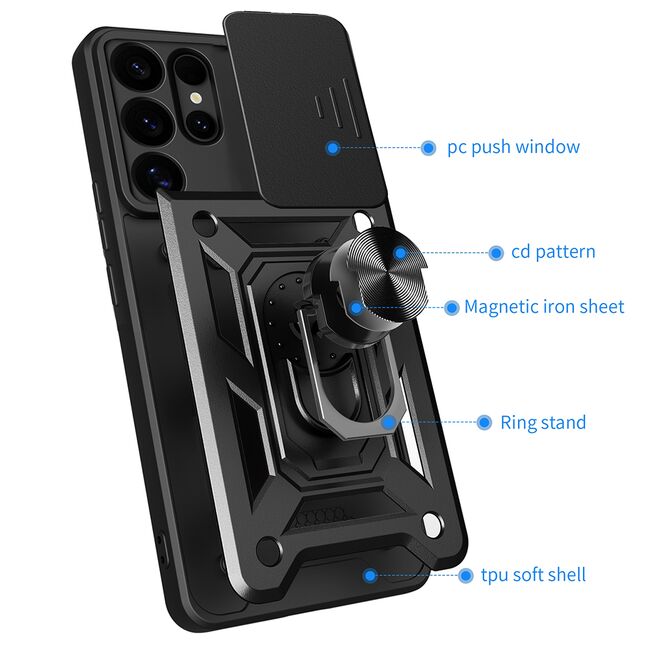 Husa pentru  Samsung Galaxy S25 Ultra Ring Armor Kickstand Tough Rugged Cover cu protectie camera, Albastru