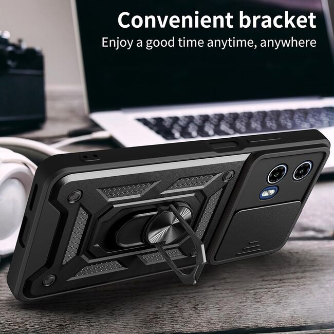 Husa pentru Motorola Moto G05 / Moto E15 Ring Armor Kickstand Tough Rugged Cover cu protectie camera, Negru