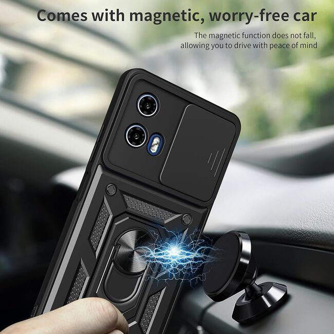 Husa pentru Motorola Moto G05 / Moto E15 Ring Armor Kickstand Tough Rugged Cover cu protectie camera, Negru