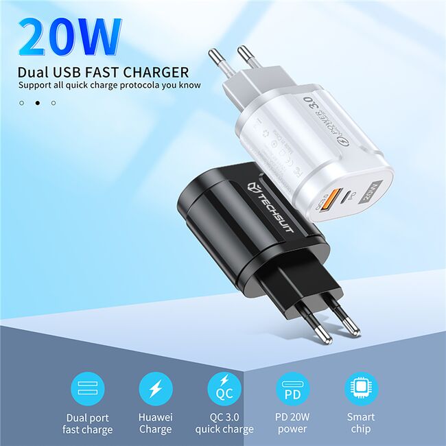 Incarcator rapid pentru Samsung Fast-Charge ProCharge cu Power Delivery si Quick Charge, 1 x USB-C, 1 x USB 20W, alb