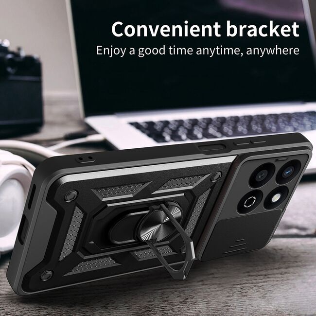 Husa pentru  Poco X7 Pro Ring Armor Kickstand Tough Rugged Cover cu protectie camera, Negru