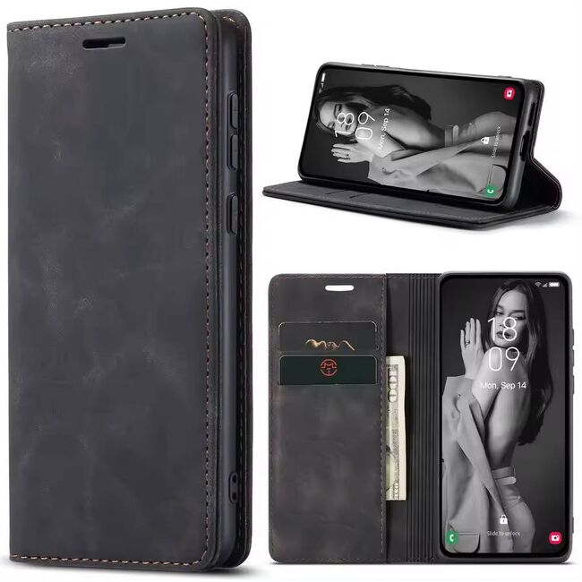 Husa tip carte pentru  Samsung Galaxy A56 Retro Business cu inchidere magnetica, Negru royal