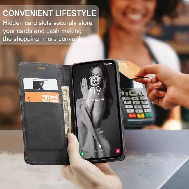 Husa tip carte pentru  Samsung Galaxy A56 Retro Business cu inchidere magnetica, Negru royal
