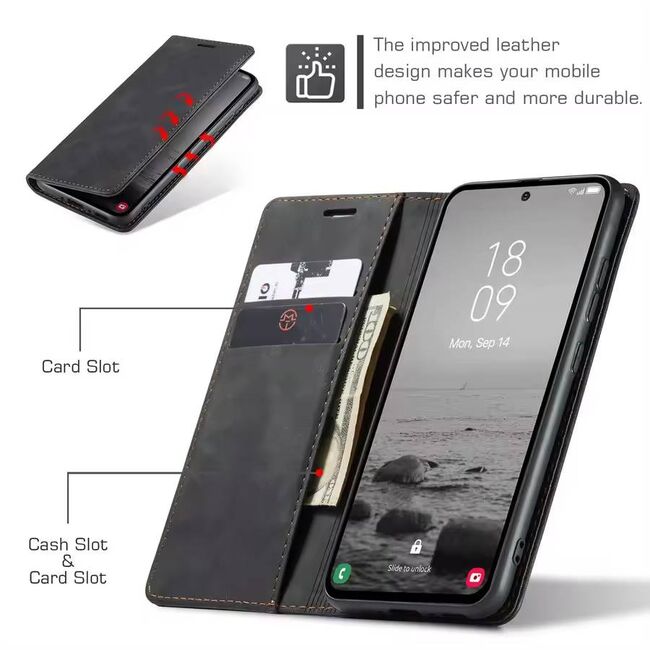 Husa tip carte pentru  Samsung Galaxy A56 Retro Business cu inchidere magnetica, Negru royal